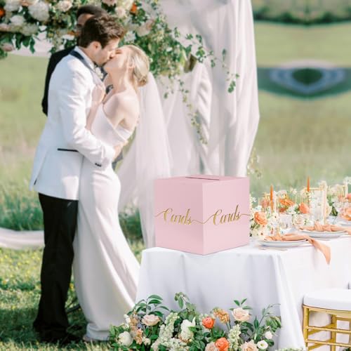 Image of Light Pink Card Box for Party, Box for Cards with Gold Foil Embossed Design 9 x 9 x 9 Inch Card Box for Wedding Reception Birthday Bridal Baby Shower Raffle