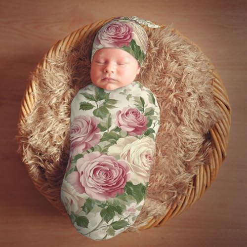 Image of Vintage Pink Rose Floral Swaddle Blanket with Beanie Hat Set Newborn Receiving Blankets Baby Swaddle Wrap Soft Swaddle Blankets for Baby Boys and Girls