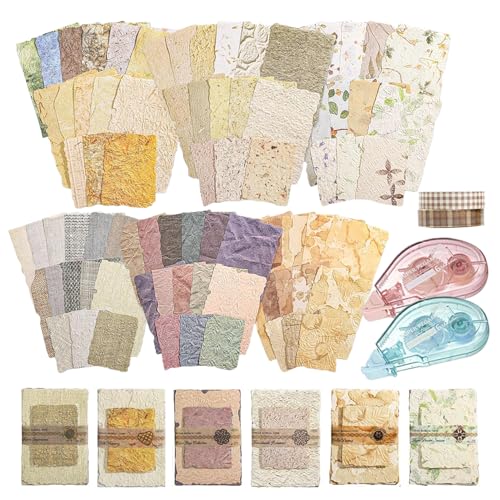 168 Pcs Textured Vintage Scrapbook Paper Kit with Washi Tape & Double Sided Tape 6 Themes Junk Journal Supplies for Scrapbooking Card Making Collage Crafts