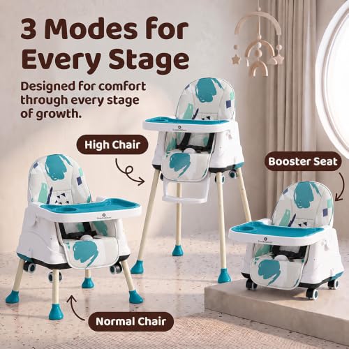 Image of StarAndDaisy High Chair for Baby /Baby Feeding Chair for 0 to 5 Years with 4 in-1 Multifunctions /High Chair with Wheels, Height Adjustable, Detachable Tray & 3-Point Safety Belt (Blue Printed)