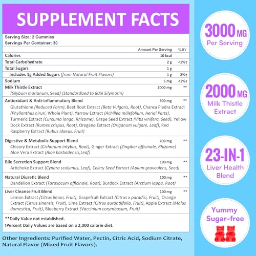 3000mg Liver Cleanse Detox & Repair Gummies | Milk Thistle 2000mg with Turmeric Dandelion Root & Artichoke for Liver Detox, Liver Support & Renew, Antioxidant, Gut, Skin - Fruit Flavor, 60 Gummies - Image 3