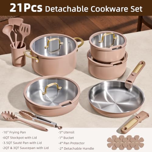 Image of CAROTE 21pcs Tri-Ply Stainless Steel Cookware Set with Detachable Handle