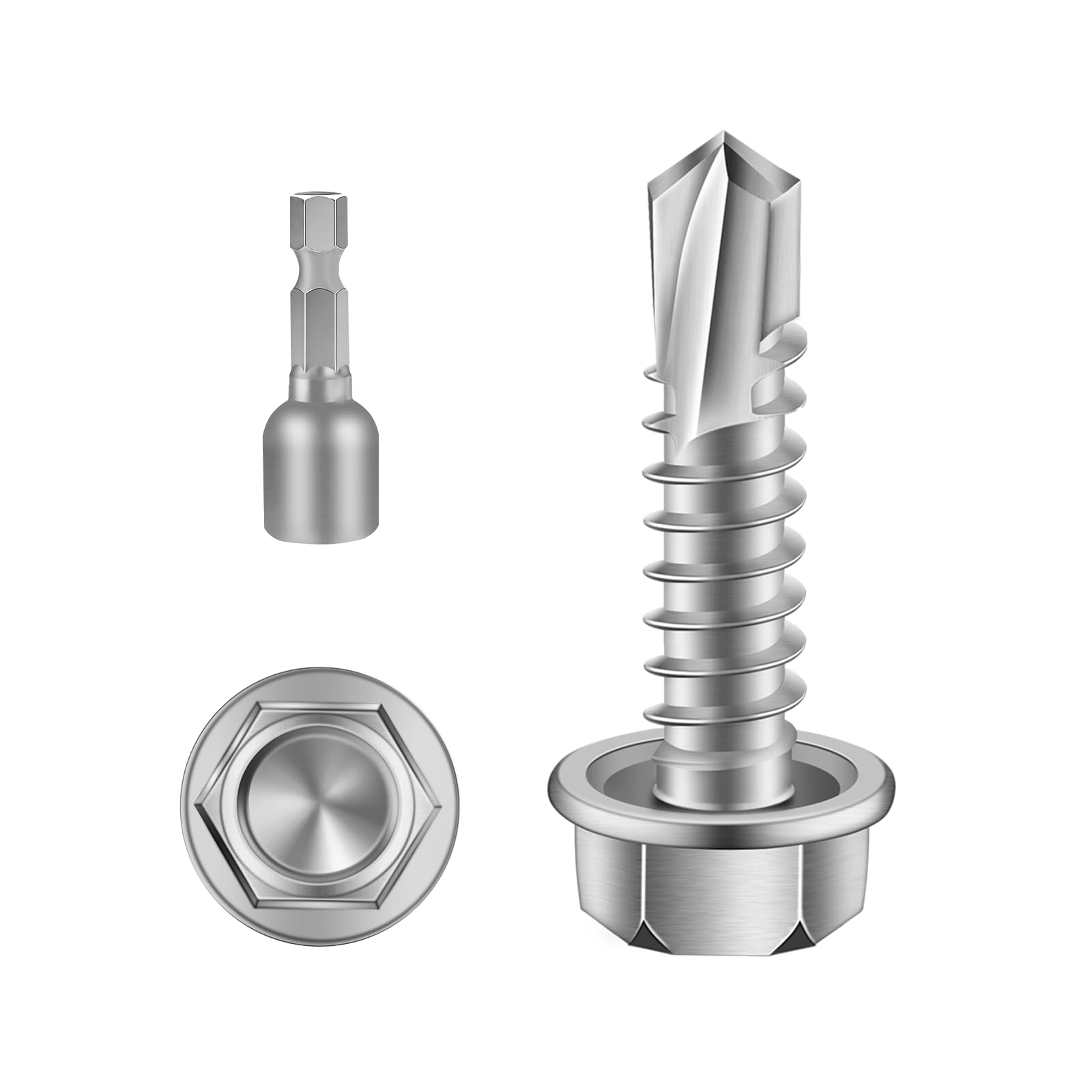 #10 x 3/4" Hex Washer Head Self Drilling Screws, Self Tapping Sheet Metal Screws, 410 Stainless Steel, 100 PCS