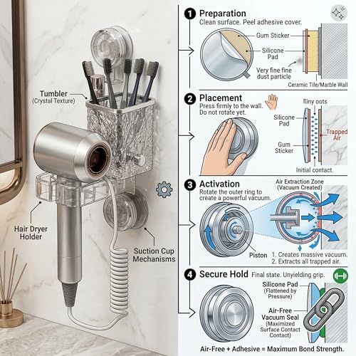 Image of LINEAR Bathroom Organiser | Wall Mount Toothbrush and Hair Dryer Holder | Clear Plastic | Self-Adhesive | 18.5 x 21 x 8 cm