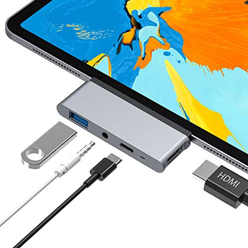 Hub USB C, Adaptador 4 en 1 Tipo C a 4K HDMI de Aluminio, USB 3.0, Conector de Audio de 3.5 mm, USB C PD, Compatible con iPad Pro 2018 11/13, Macbook/Macbook Pro, DELL XPS, Samsung S8/S9/Note8 y Más