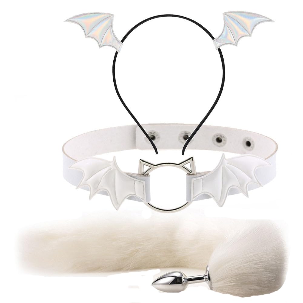 3PCS Animal Cosplay Costume Furry Fox Tail Plug Cute Ears Headband Bat Style Neck Collar Set For Halloween Party (White)
