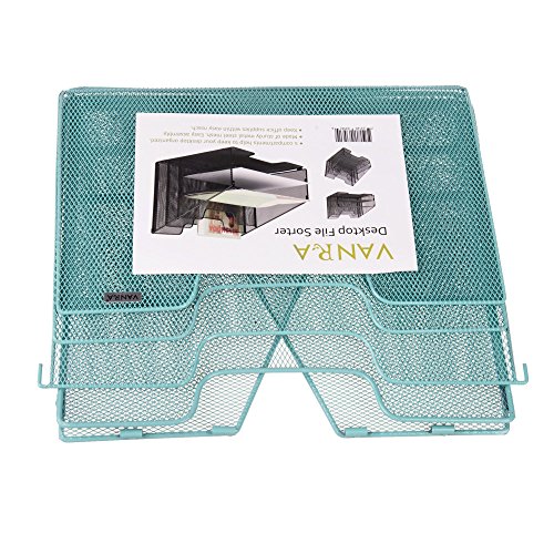 Vanra Metal Mesh Desktop File Sorter Organizer Desk Tray Organize With 3 Letter Trays And 2 Vertical Upright Sections, Turquoise Green #TOP6
