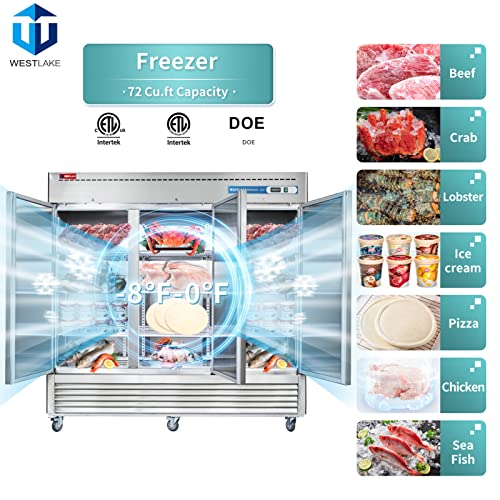 Image of WESTLAKE 82 inchW Commercial Freezer Reach-In, Upright, 3 Solid Door | Stainless Steel Fan Cooling 72 Cu.ft Cooler for Restuarant, Bar, Shop,Ranch