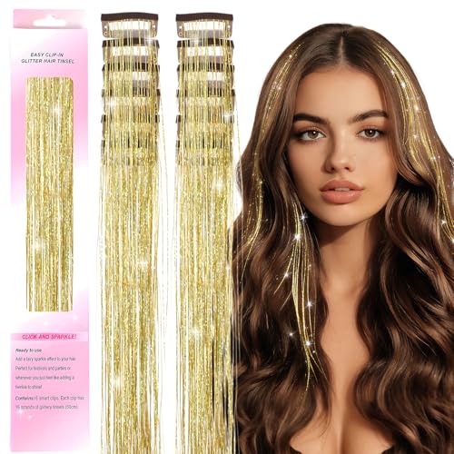 18 Stück Glitzer Haar Lametta in Gold 50 cm Lange Glitzer-Haarverlängerungen aus Hitzebeständiger Kunstfaser Funkelnde Haaraccessoires für Party Festival und Styling