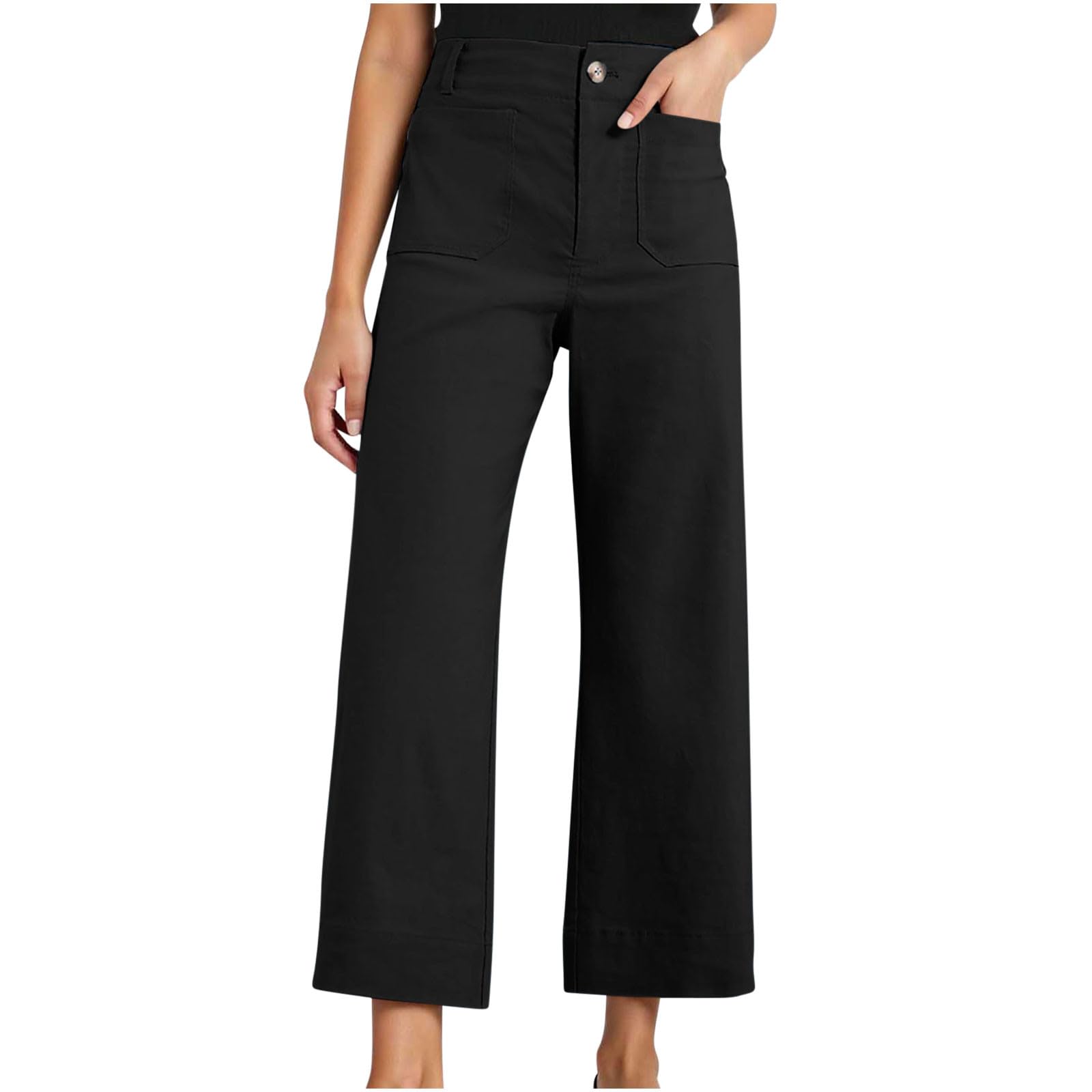 Women Cropped High Waisted Wide Leg Pants Stretchy Casual Dressy Work Pants Straight Leg Lounge Trousers with Pockets