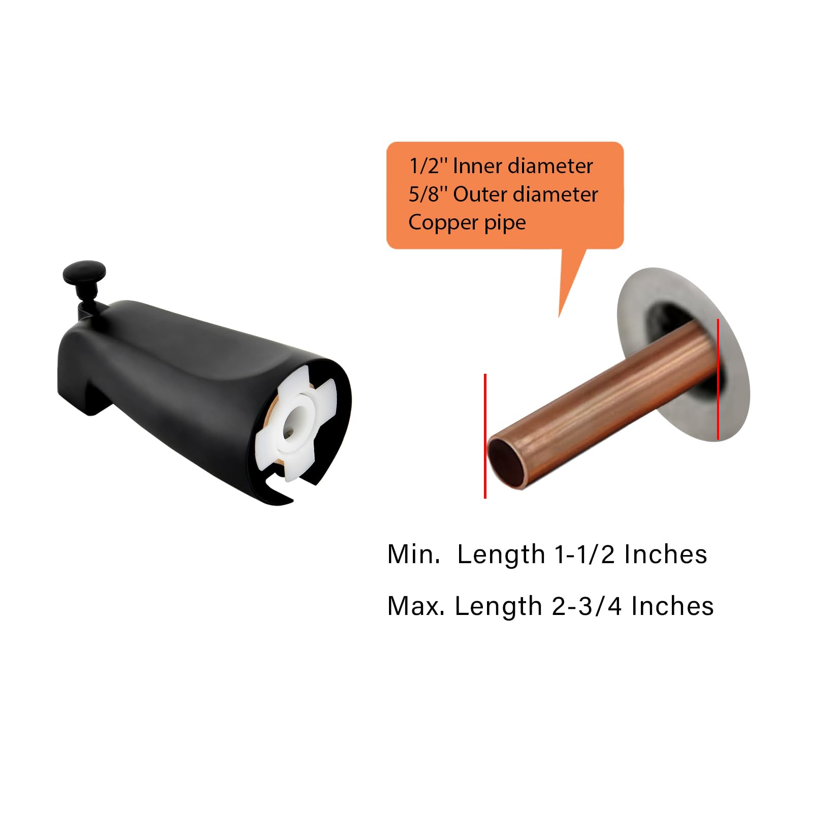 Boquilla de bañera con desviador de dominadas para tubo de cobre de 1,27 cm, negro mate