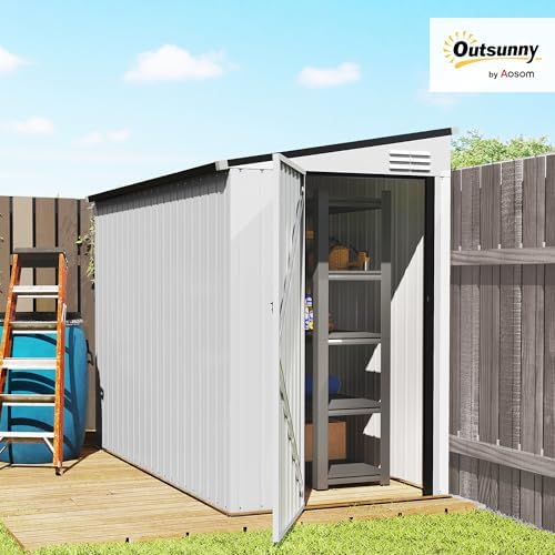 Outsunny 4' x 8' Steel Garden Storage Shed Lean to Shed Outdoor Metal Tool House with Lockable Door and 2 Air Vents for Backyard, Patio, Lawn, White