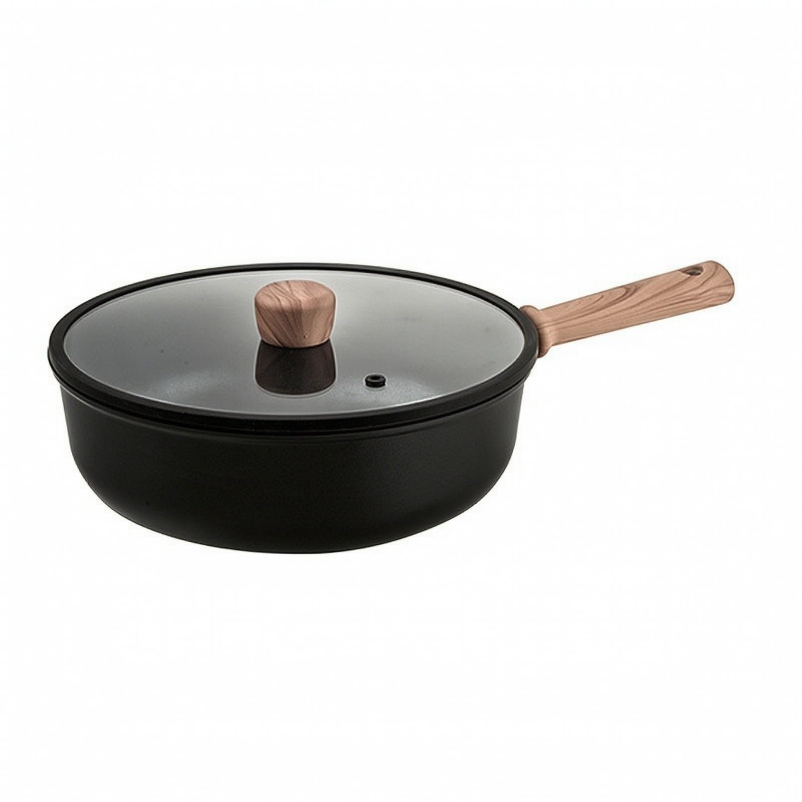 Qianly Wok con Manico Effetto Legno Adatto All'induzione Pentola per Compatte, 28CM, Wok Con Coperchio