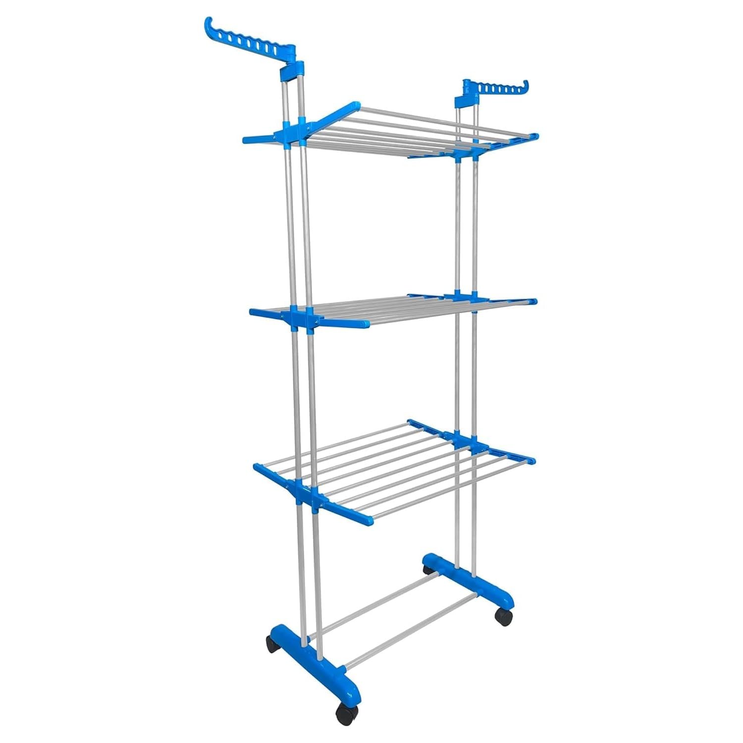 3-Tier Portable Clothes Drying Rack, Foldable Laundry Stand with Wheels, Blue and Grey