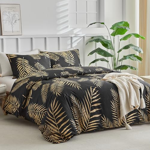 Image of Lekesky Queen Duvet Cover Set, Black and Gold Tropical Palm Leaf Pattern Comforter Cover Queen Size, 3 Pieces Soft Microfiber Bedding Sets with Zipper & 2 Pillowcases, Comforter Not Included