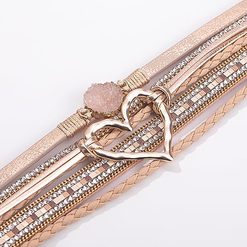 FANCY SHINY Heart Leather Wrap Bracelets Stackable Boho Cuff Bangles Trendy Resin Stone Rhinestone Bracelets with Magnetic Clasp for Women Mother Gift Jewelry - Image 6