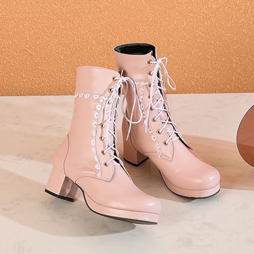 Alyaafifa Platform Ankle Combat Boots for Women Chunky Block Mid Heel Closed Round Toe Lace Up Booties Leather Short Boots Dressy Comfortable Party Holiday Travel Christmas 6