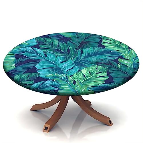 igoga sports Palm Leaves Fitted Round Tablecloth, Tropical Plants Elastic Edge, Polyester Table Pad Cloth for Indoor Outdoor Party Dinner Patio Decor, Fits Tables Up to 24''