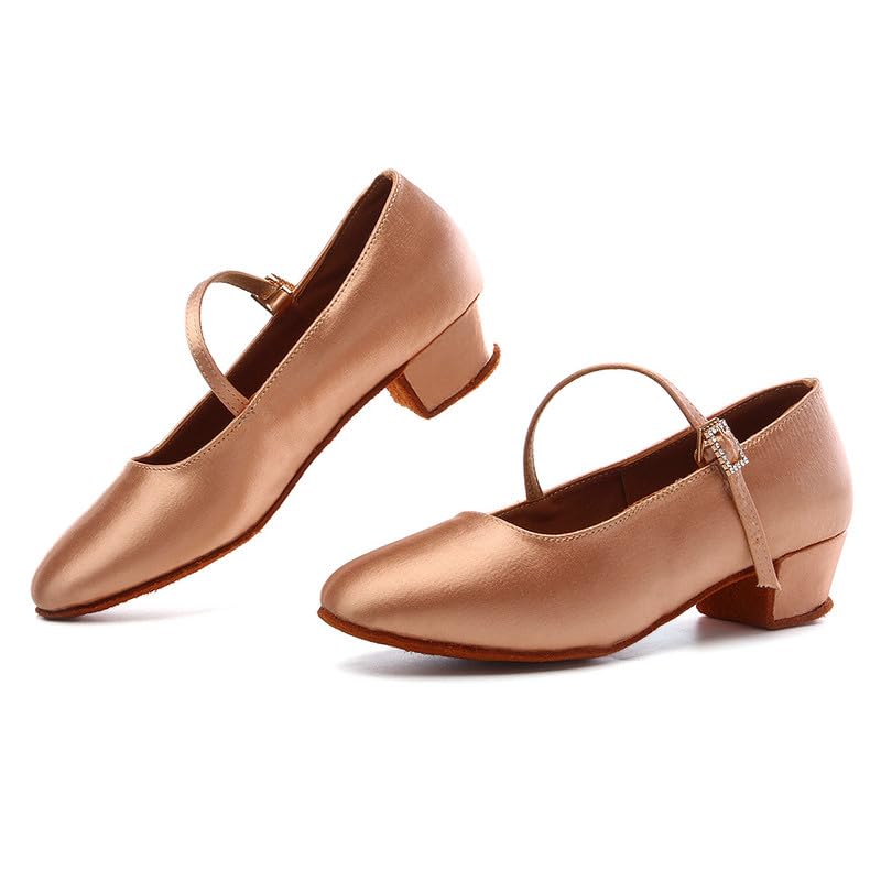HIPPOSEUS Girls Closed Toe Latin Dance Shoes Silk Satin Ballroom Salsa Tango Practice Performance Dancing Shoes Low Heel,Model A0184