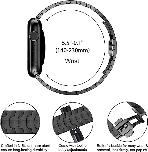 Image of Croiky Stainless Steel Band with Butterfly Clasp Compatible with Apple Watch Ultra 3 /2 /1 49mm, iwatch Strap Series 11 /10 46mm, 9 /8 /7 45mm, SE2 /SE 6 /5 /4 44mm (Black)