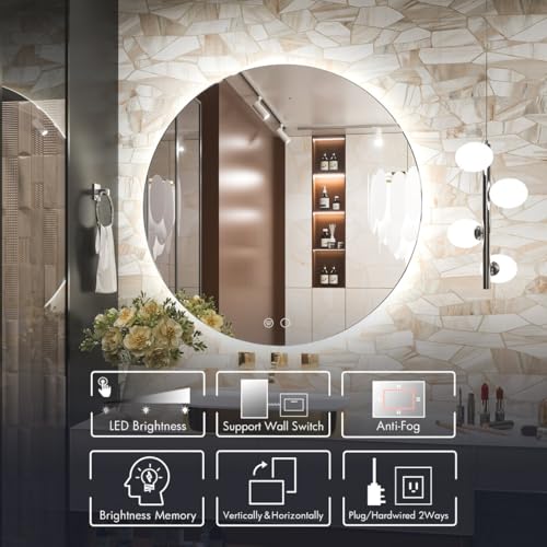 Image of Backlit Round LED Mirror 3 Color Lights, Anti-Fog, Dimmable, Memory Function for Bathroom Vanity (90X90 CM)