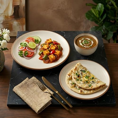 Image of Miah Decor Ceramic Dinner Set - 12-Piece Handmade Stoneware Dining Set | 4 Bowls, 4 Quarter Plates & 4 Dinner Plates | Off White Ribbed Matte Finish | Microwave & Dishwasher Safe | Ideal for Gifting
