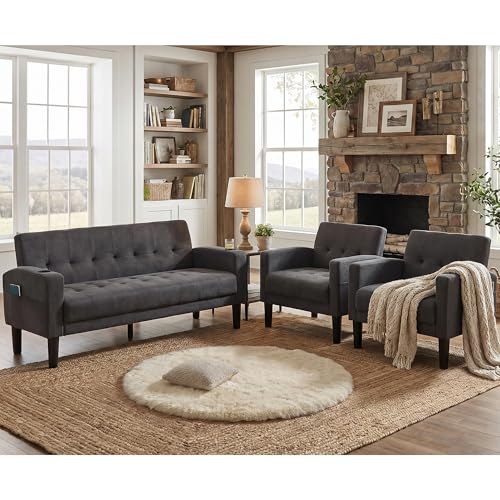 TYBOATLE Sofa Couch, Living Room Furniture Sectional Sofa Sets of 3 Pcs, Tufted Mid-Century Loveseat w/USB, Cupholders & Comfy Single Sofa for Small Space, Apartment, Office (Dark Grey)