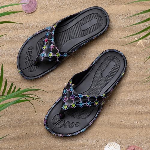 Image of GreaterGood Walking Paws Flip Flops Rainbow Colorful Lightweight Contoured Non Slip Textured Footbed Beach Sandals for Women