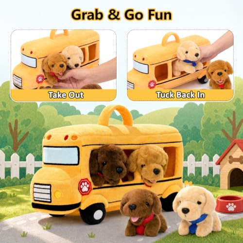 Image of OUOZZZ Dog Stuffed Animals Set with Plush School Bus, 5-Piece Puppy Toys | 4 Golden Retriever Stuffed Animals, Kindergarten Toys, Travel Toys for Kids