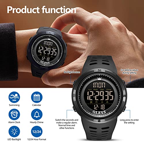 Olevs Mens Watch Large Face Men Sport Digital Watch Waterproof Outdoor Led Backlight Stopwatch Alarm Date 50Mm Multifunction Wrist Watch Black Digital Watch #TOP3