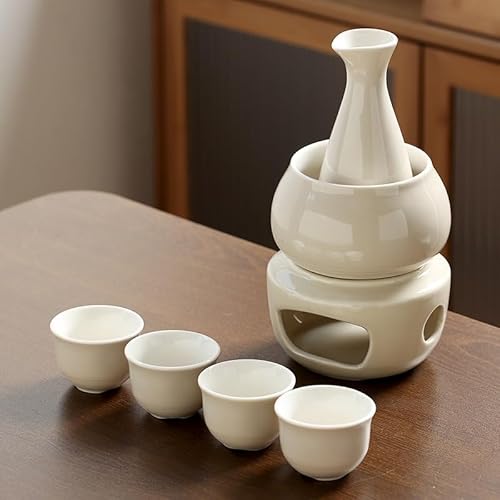 Vzfv 日本酒用 酒器セット 熱燗器 徳利・お猪口・温めボウル・暖房ベース付き 陶磁器 伝統の禅スタイル 冷酒/熱燗対応 焼酎にも最適 ギフト・家庭用 ブラックA (アプリコッ ト A)