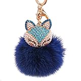 Tenworld Real Fox Fur Ball with Artificial Fox Head Inlay Pearl Rhinestone Key Chain for Womens Bag or Cellphone (Blue)