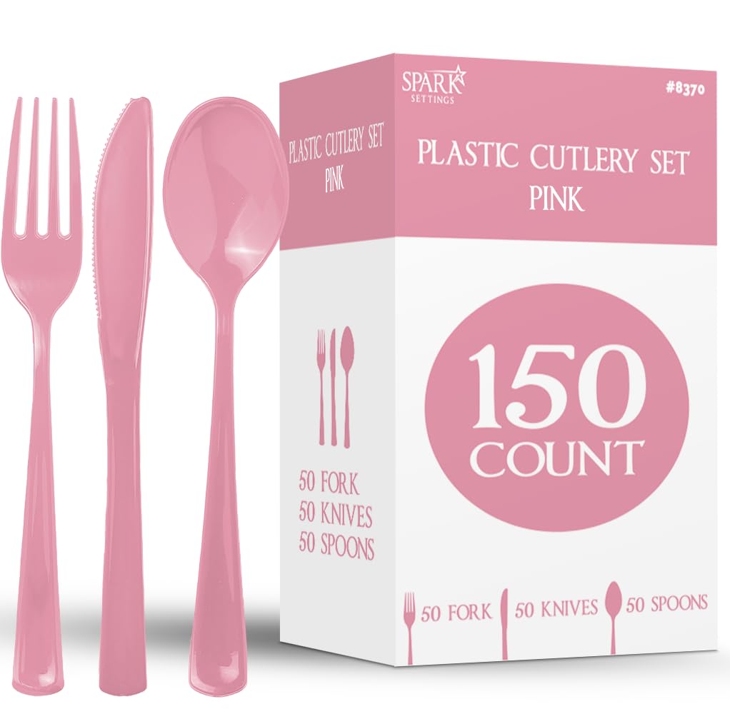 Photo 1 of 150 Pack Plastic Silverware Heavy Duty, Pink Disposable Cutlery, 50 Spoons, 50 Forks, 50 Knives, Plastic Utensils Set for Home Office School Party Picnics Weddings & More - SparkSettings