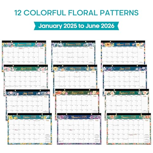 Image of Desk Calendar 2025, 18 Months Calendar Runs from January 2025 to June 2026 - Large 17 inch x 12 inch Desktop /Wall Monthly Calendar for Home School, or Office - 2025 New Edition, Floral Pattern