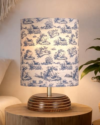 Image of Homesake Wooden Base Table Lamp with Fabric Drum Shade Aara | Warm Ambient Bedside Lamp for Bedroom, Living Room, Study, Office, Modern Classic Night Lamp Home Decor, (KD Toilet de jouy)
