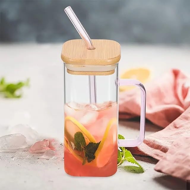 Image of Kamvy Reusable Glass Tumbler with Lid & Straw Pack of 1, 400ml Multipurpose Drinking Glasses Coffee Sipper Mugs with Multi Colored Handle for Juice Smoothies Iced Tea Cup (Square with Wooden LID)