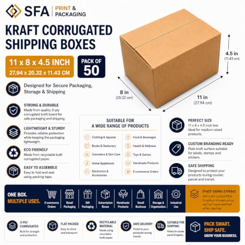 Image of 3 Ply Corrugated Brown Shipping Boxes 11x8x4.5 Inch (Pack of 50) | Durable Cardboard Packaging Boxes for Ecommerce, Courier, Moving & Storage | Heavy Duty Kraft Carton