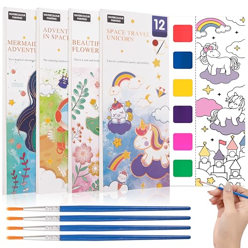 Libro Tascabile ad Acquerello, Libro di Pittura da Colorare con Pennelli e Pigmento, Segnalibri Disegni ad Acquerello Fai Da Te Blocco Per Bambini Principianti Dai 3 Anni in Su 4PCS (Siren