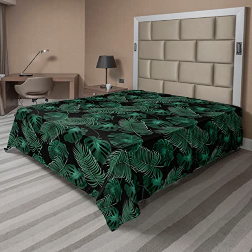 Ambesonne Tropical Flat Sheet, Exotic Monstera and Palm Tree Leaves Pattern Summer on Dark Backdrop, Soft Comfortable Top Sheet Decorative Bedding 1 Piece, Queen Size, Black and Hunter Green