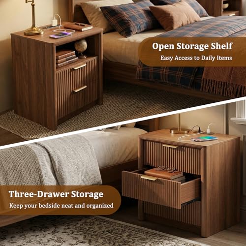 Image of LYNCOHOME 23 inch Fluted Nightstands Set of 2 with Charging Station, 3 Drawer Bedside Table, Modern Night Stand with Curved Edge, Wooden End Table for Bedroom, Rounded Night Stand with Storage, Walnut