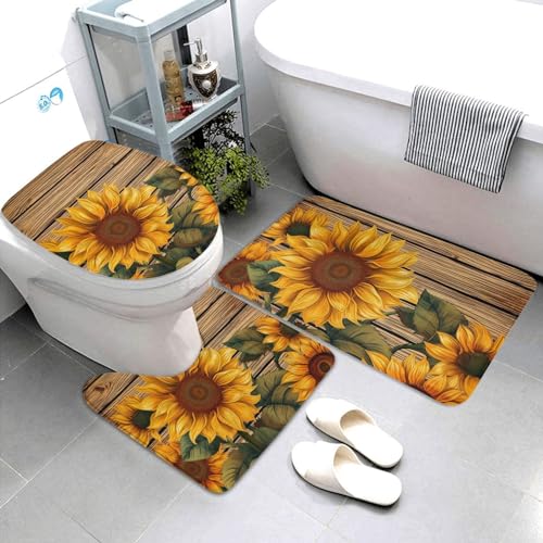 Dwrepo Paint Wooden Board Sunflower Print Bathroom Rug Set 3 Piece with Non-Slip U-Shaped Contour Mat and Toilet Lid Cover for Bathroom Decoration