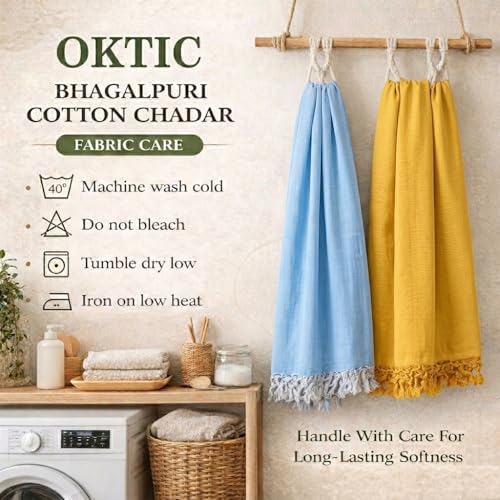 Image of OKTIC Bhagalpuri Chadar Original Combo Pack Set of 2, Eco Friendly Cotton Top Sheet for Summer Comfort, Skin Friendly Odhne Wali Bhagalpuri Chadar Bedsheet Single Size 230 x 130 cm (Yellow Sky)