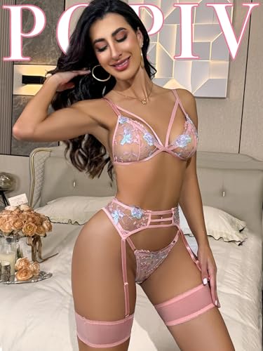 Image of popiv Women's Sexy Lingerie Set with Garter Belt Matching Bra and Panty Lingeries Sets 4 Piece