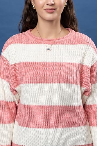 Image of Wear lusso Women's 100% Wool Color Block Stripe Full Sleeve Round Neck Pullover Sweater | Winter Season Fashion