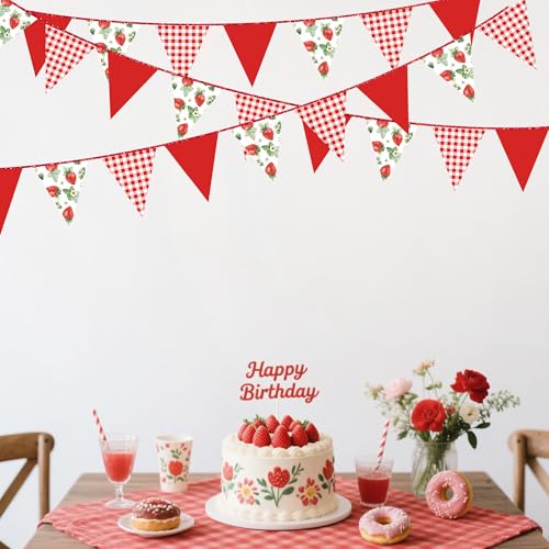 Image of Strawberry Party Decorations Red Plaid Floral Strawberry Pennant Banner Flag Hanging Paper Triangle Bunting for Birthday Wedding Bridal Shower Engagement Bachelorette Party Supplies
