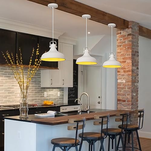Image of White Modern Pendant Lights Kitchen Island Fixtures | ETL Certificate,Industrial Adjustable Height Vintage Dome Hanging Light Fixtures for Barn,Dining Room 3 Pack