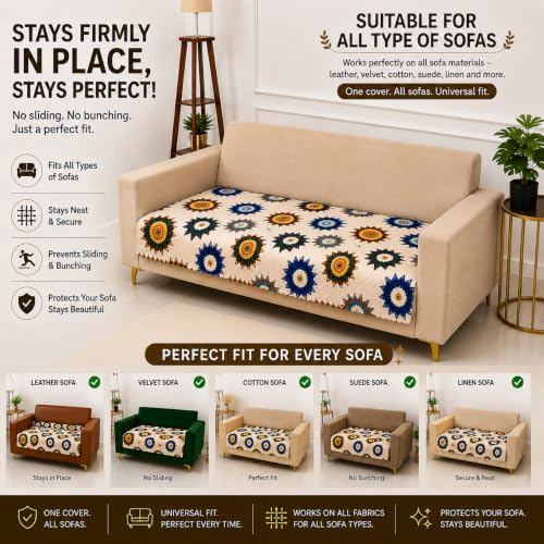 Image of Homerz Premium Printed Quilted Velvet Sofa Slip Cover Protector with Tassels, Sofa Mat, Exact Size, Antislip Cover (Morocco, 3 Seater, Half)