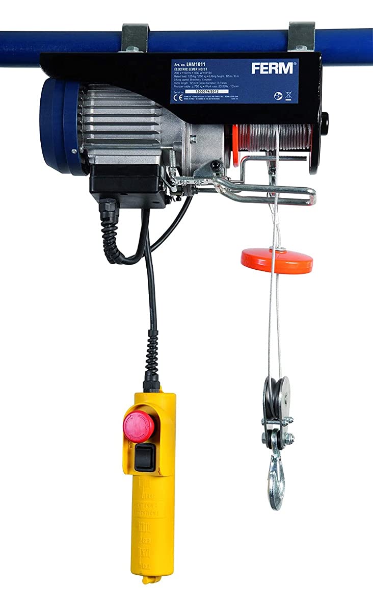 FERM Paranco a Leva Elettrico 500W. Capacità di sollevamento 250kg, Max. altezza di sollevamento 12 metri
