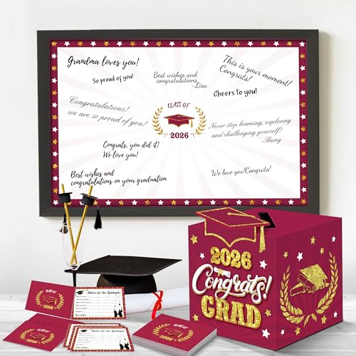 Image of Graduation Decorations Maroon and Gold 2026 - Giant Guest Book Alternative,Graduation Cards Box with 36PCS Graduation Advice Cards,Signature Board Congrats Grad Decorations Supplies Maroon 2026