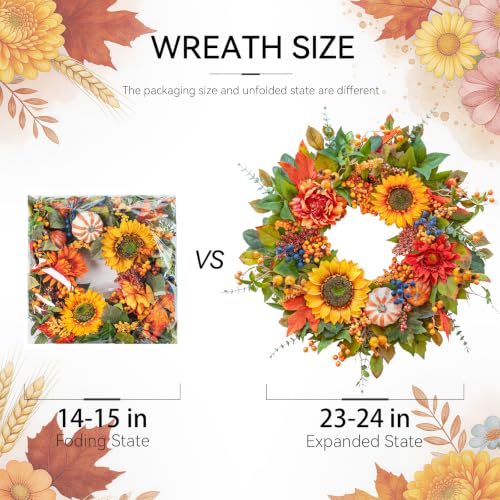 Image of 24 Inch Harvest Fall Wreaths for Front Door Outside with Sunflowers | Artificial Autumn Wreath with Pumpkins Berries Maple Leaves - Fall Door Wreath for Porch Entryway Thanksgiving Decor